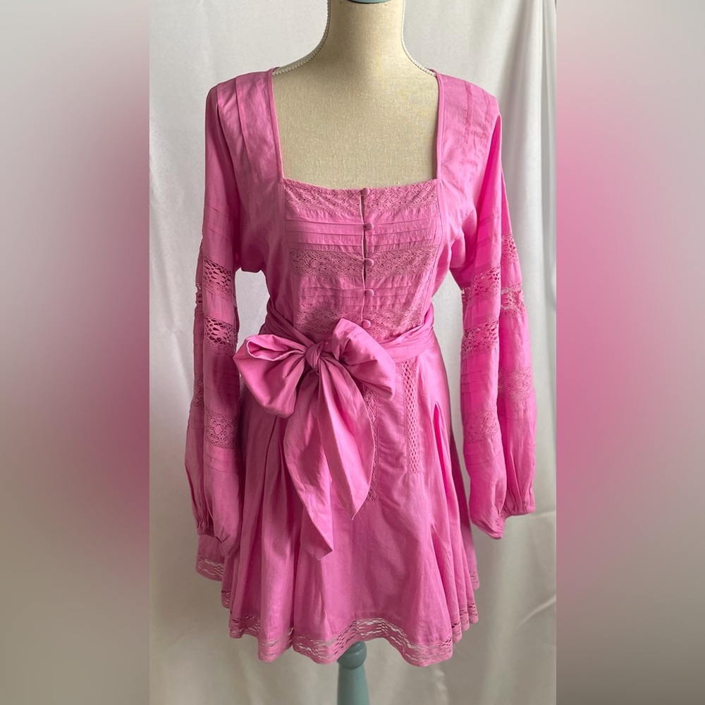 Jen's Pirate Booty Hot Pink Lace-Trim Long Sleeve Tie-Waist Dress Size Small
